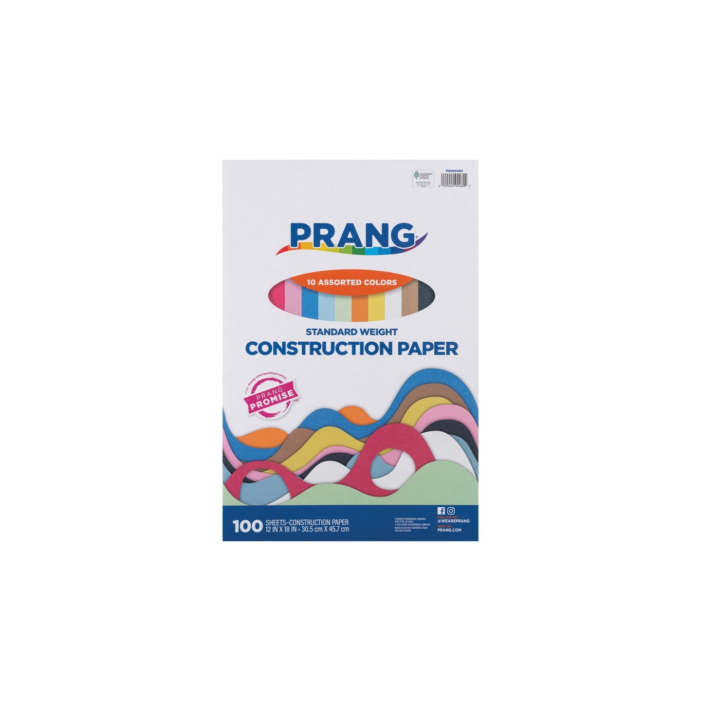 Prang® Construction Paper, Standard Weight, 10 Assorted Colors, 12" x 18", 100 Sheets