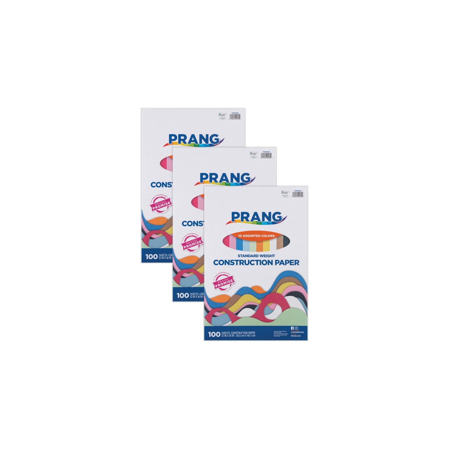 Prang® Construction Paper, Standard Weight, 10 Assorted Colors, 12" x 18", 100 Sheets Per Pack, 3 Packs