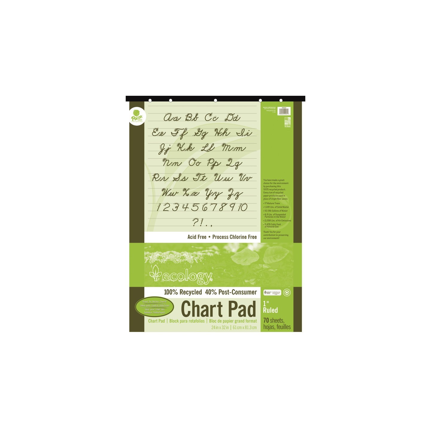 Ecology® Recycled Chart Pad, Cursive Cover, 1" Ruled, 24" x 32", 70 Sheets