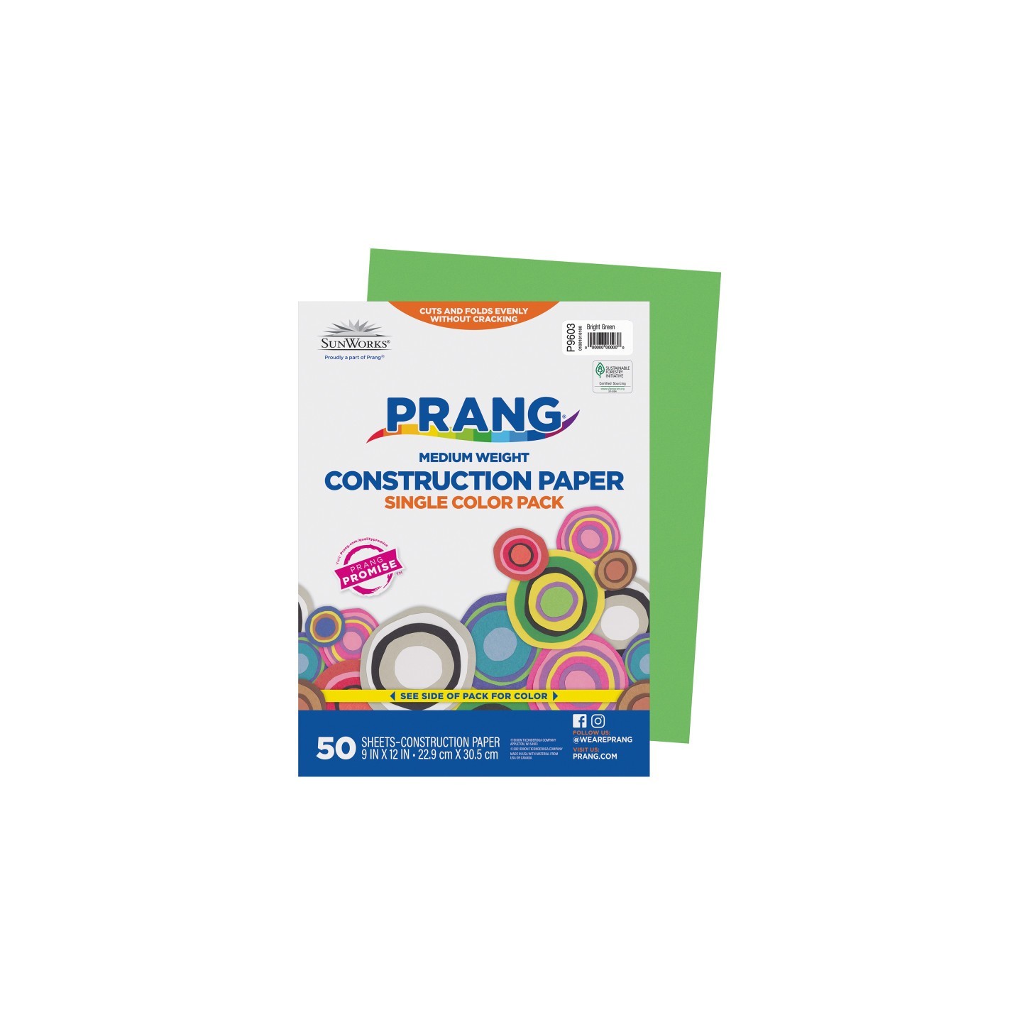 Prang® Construction Paper, Medium Weight, Bright Green, 9" x 12", 50 Sheets