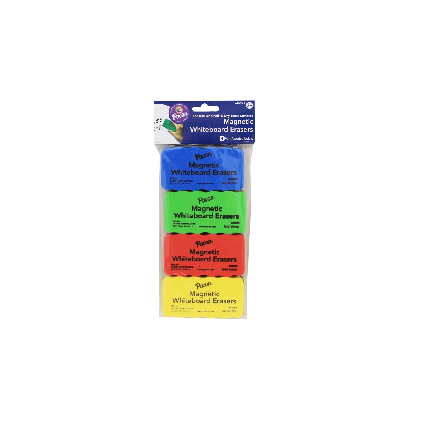 Pacon® Magnetic Chalk & Whiteboard Eraser, 4 Assorted Colors, 2-1/4" x 4-1/4", 4 Erasers