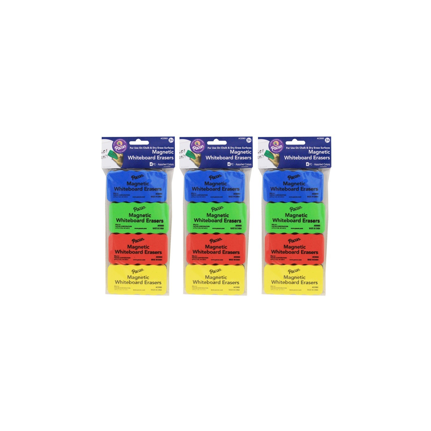 Pacon® Magnetic Chalk & Whiteboard Eraser, 4 Assorted Colors, 2.25" x 4.25", 4 Erasers Per Pack, 3 Packs