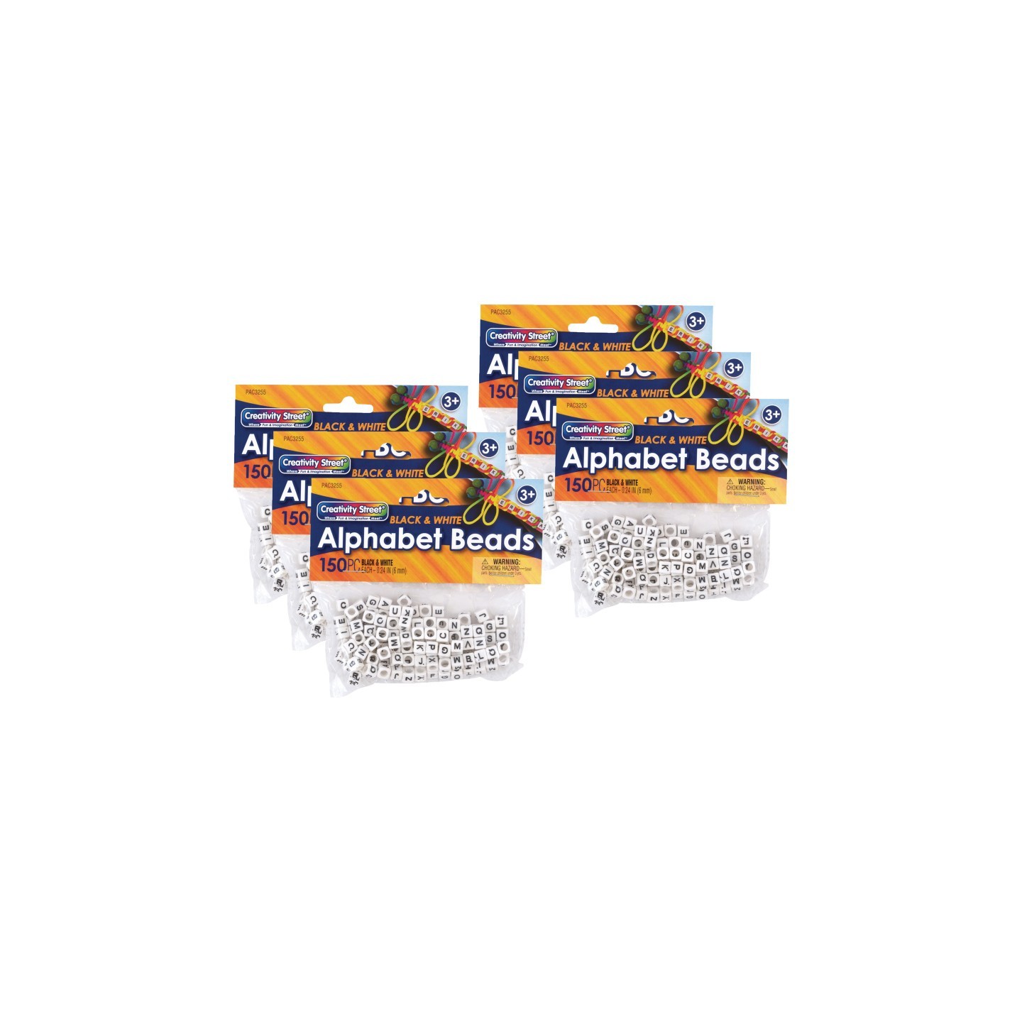 Creativity Street® Alphabet Beads, Black & White, 6 mm, 150 Per Pack, 6 Packs