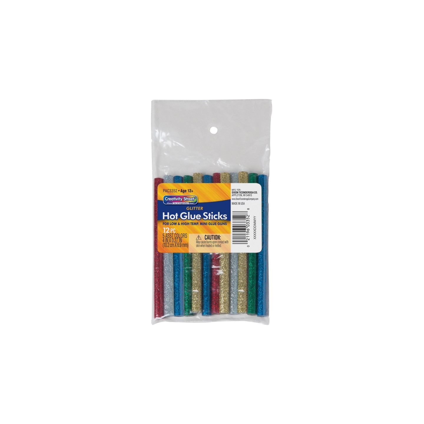 Creativity Street® Hot Glue Sticks, 6 Assorted Glitter Colors, 4" x 0.31", 12 Pieces