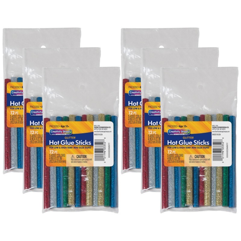 Creativity Street® Hot Glue Sticks, 6 Assorted Glitter Colors, 4" x 0.31", 12 Per Pack, 6 Packs