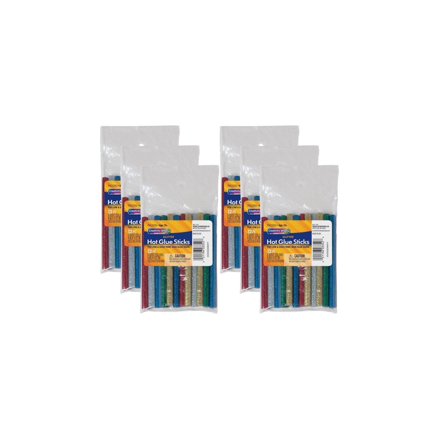 Creativity Street® Hot Glue Sticks, 6 Assorted Glitter Colors, 4" x 0.31", 12 Per Pack, 6 Packs