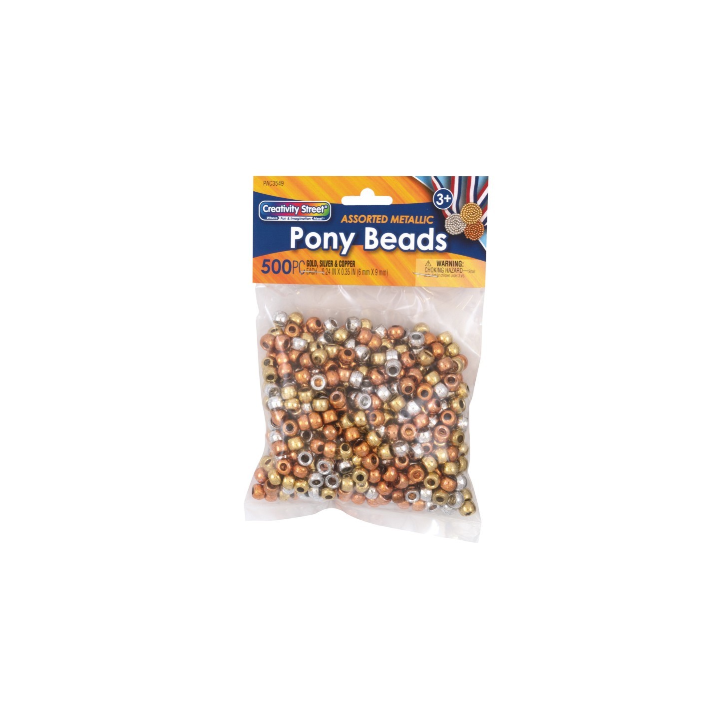 Creativity Street® Pony Beads, Gold, Silver & Copper, 6 mm x 9 mm, 500 Count
