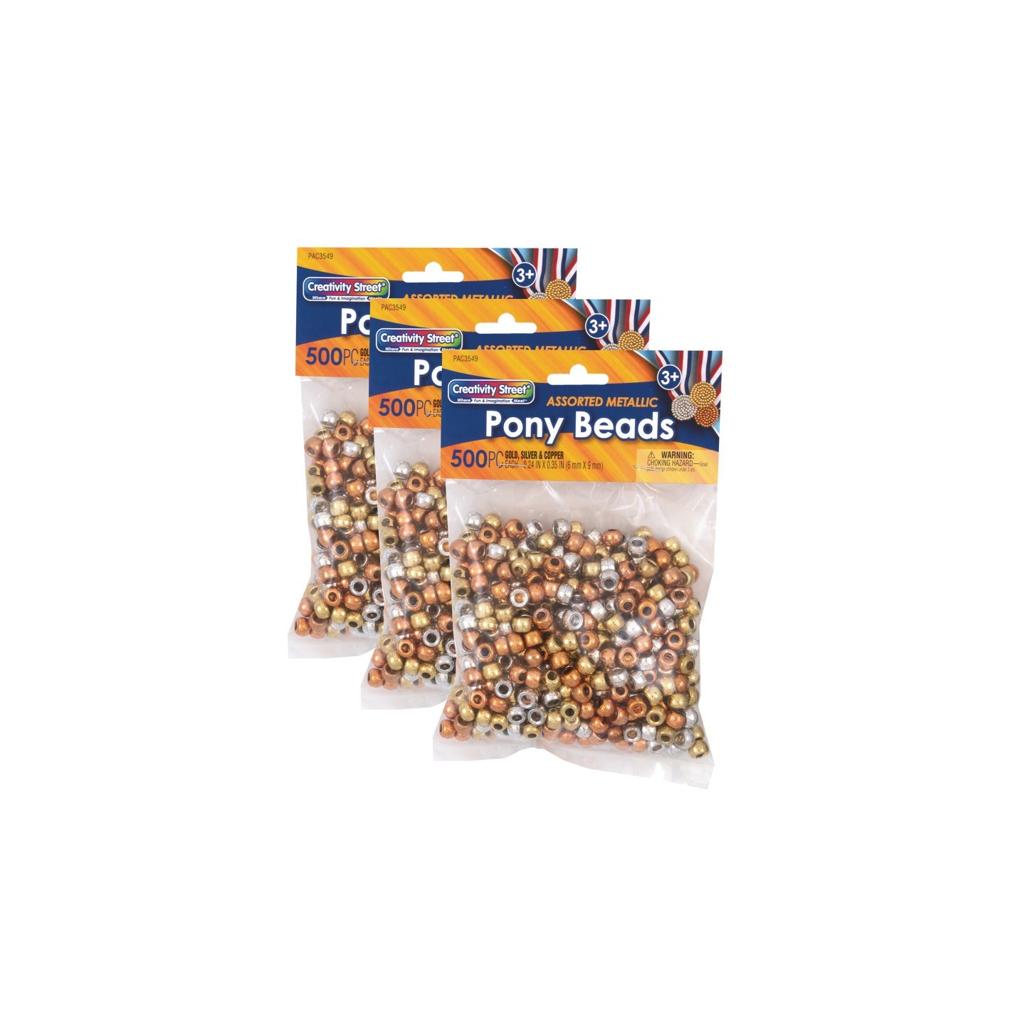 Creativity Street® Pony Beads, Gold, Silver & Copper, 6 mm x 9 mm, 500 Per Pack, 3 Packs