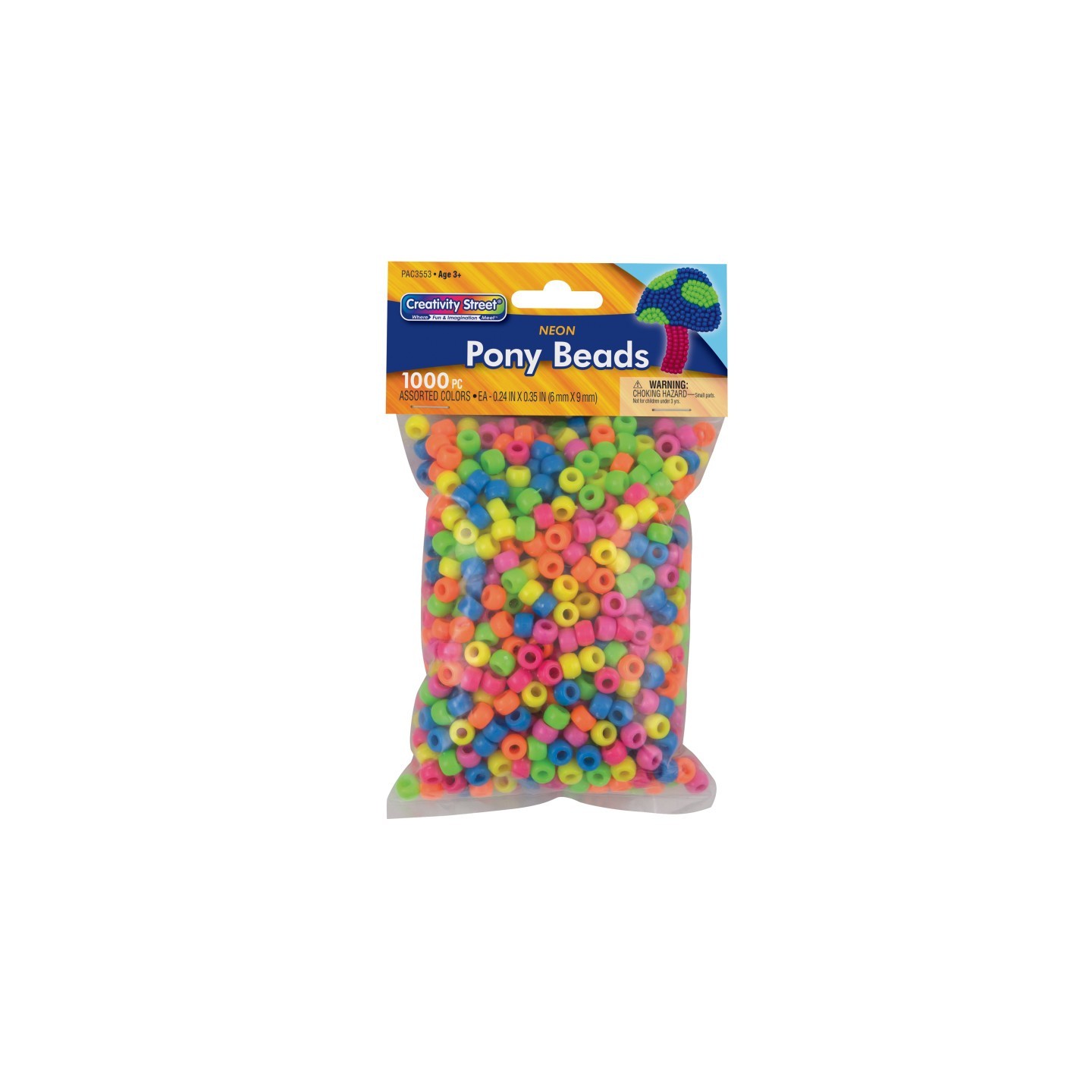 Creativity Street® Pony Beads, Assorted Neon, 6 mm x 9 mm, 1000 Pieces
