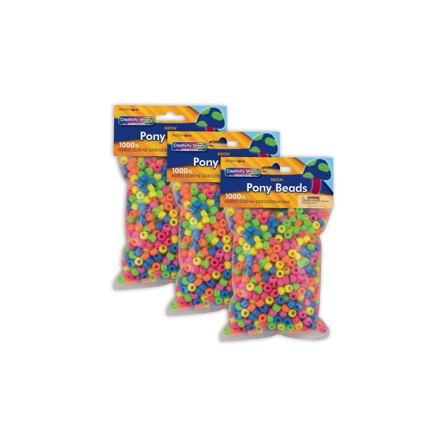 Creativity Street® Pony Beads, Assorted Neon, 6 mm x 9 mm, 1000 Per Pack, 3 Packs