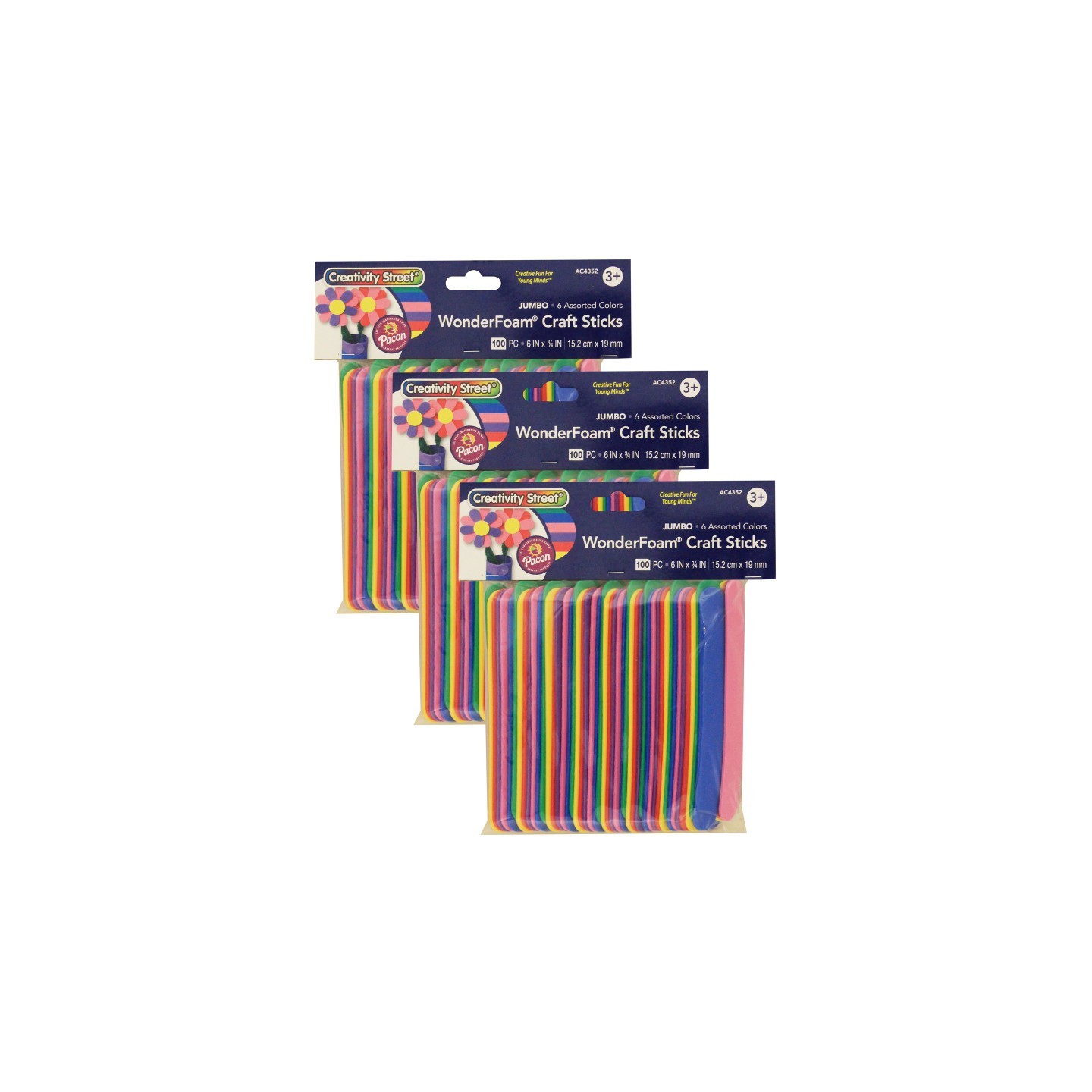 Creativity Street® WonderFoam® Jumbo Craft Sticks, Assorted Colors, 6" x 3/4", 100 Per Pack, 3 Packs