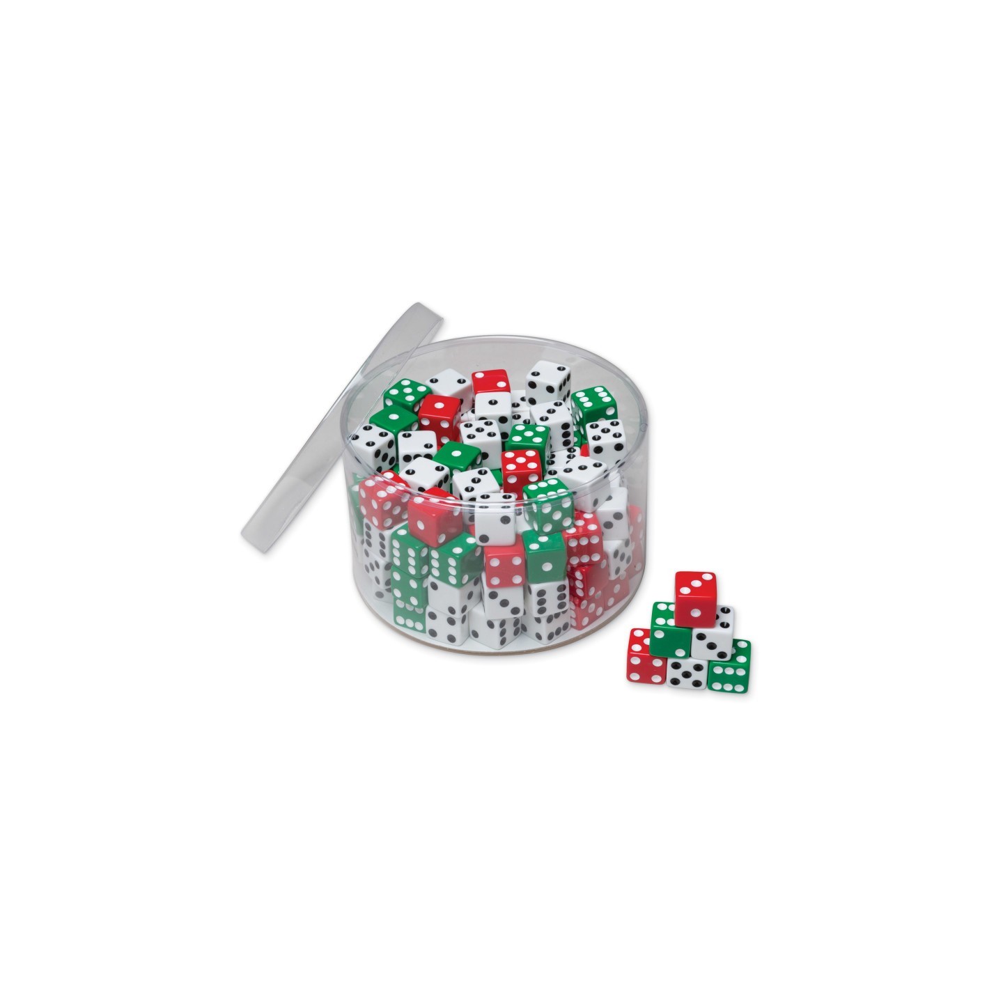 Creativity Street® Drum of Dice, Assorted Red, Green & White, 0.625" x 0.625", 144 Pieces