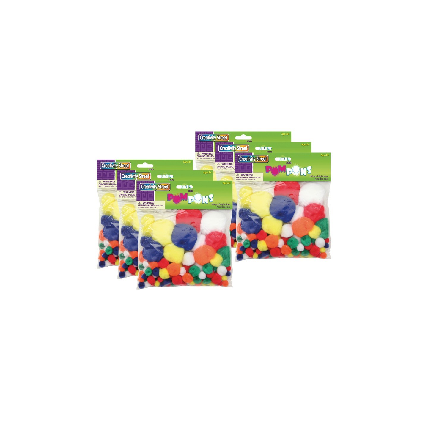Creativity Street® Pom Pons, Bright Hues, Assorted Sizes, 100 Per Pack, 6 Packs