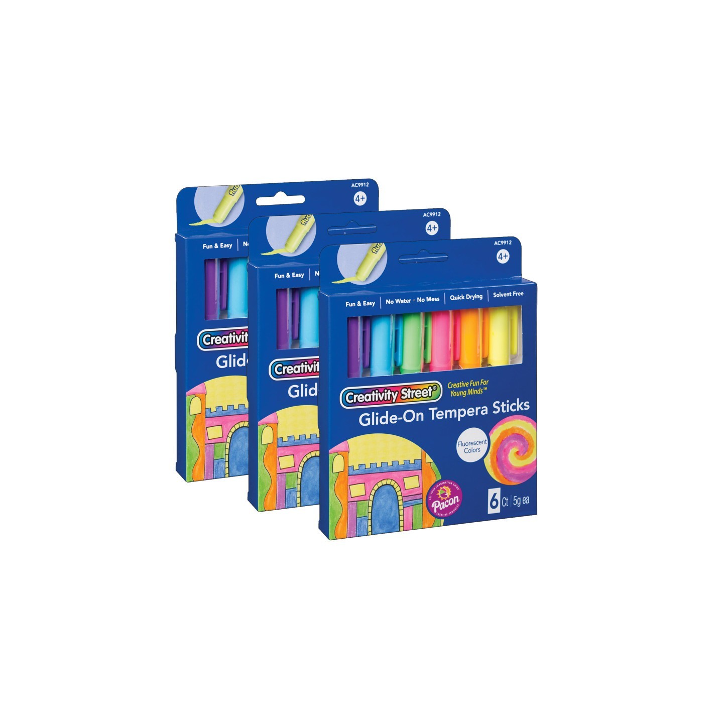 Creativity Street® Glide-On Tempera Paint Sticks, Fluorescent Colors, 5 grams, 6 Per Pack, 3 Packs