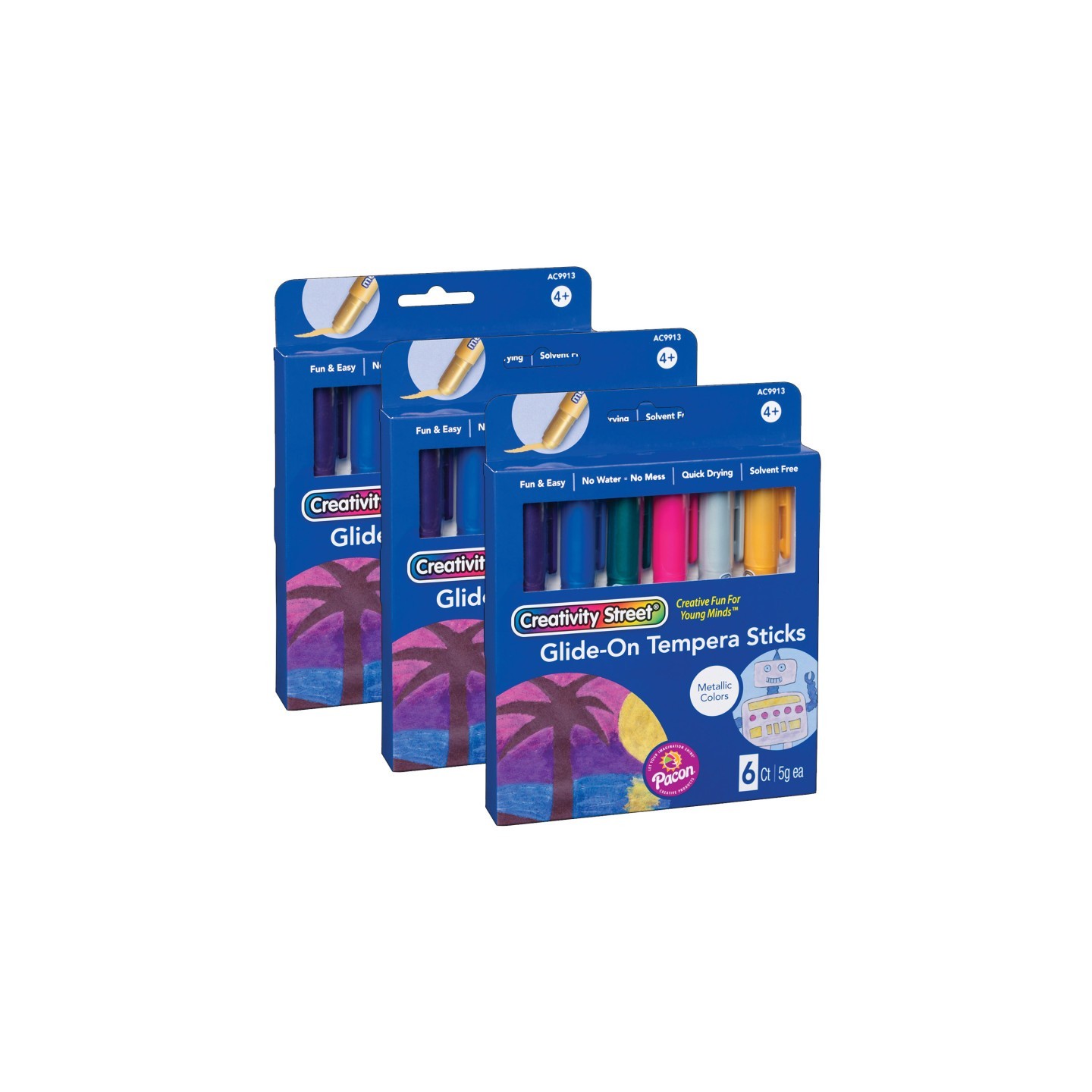 Creativity Street® Glide-On Tempera Paint Sticks, Metallic Colors, 5 grams, 6 Per Pack, 3 Packs