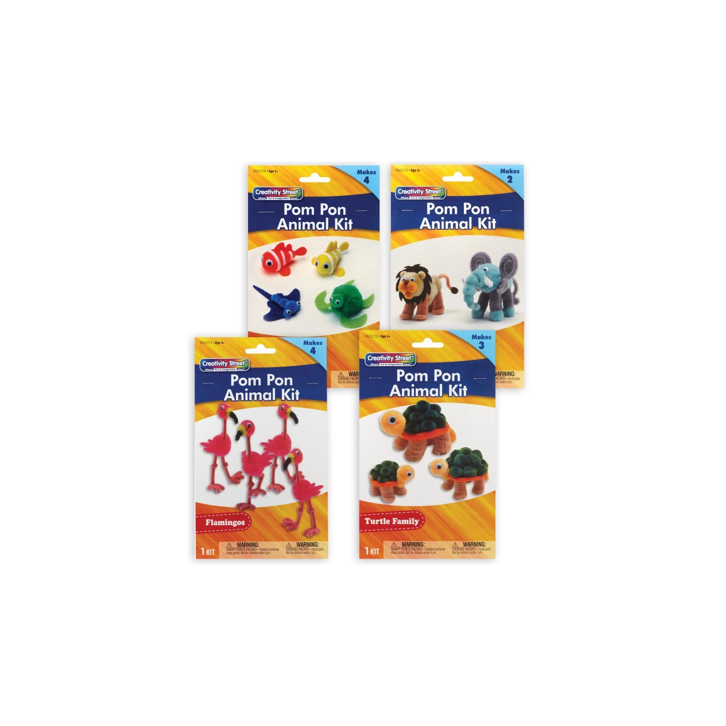 Creativity Street® Pom Pon Animal Craft Kits, Ocean, Turtle, Flamingos, Lion & Elephant, 4 Kits