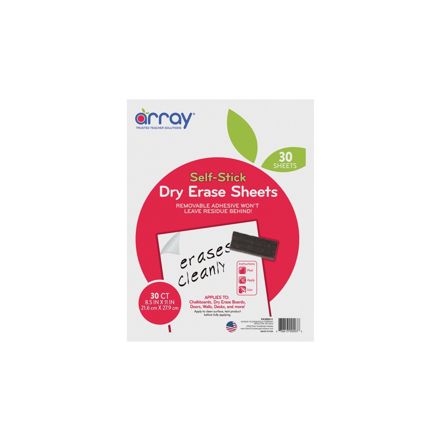 Array® Dry Erase Sheets, Self-Adhesive, White, 8-1/2" x 11", 30 Sheets