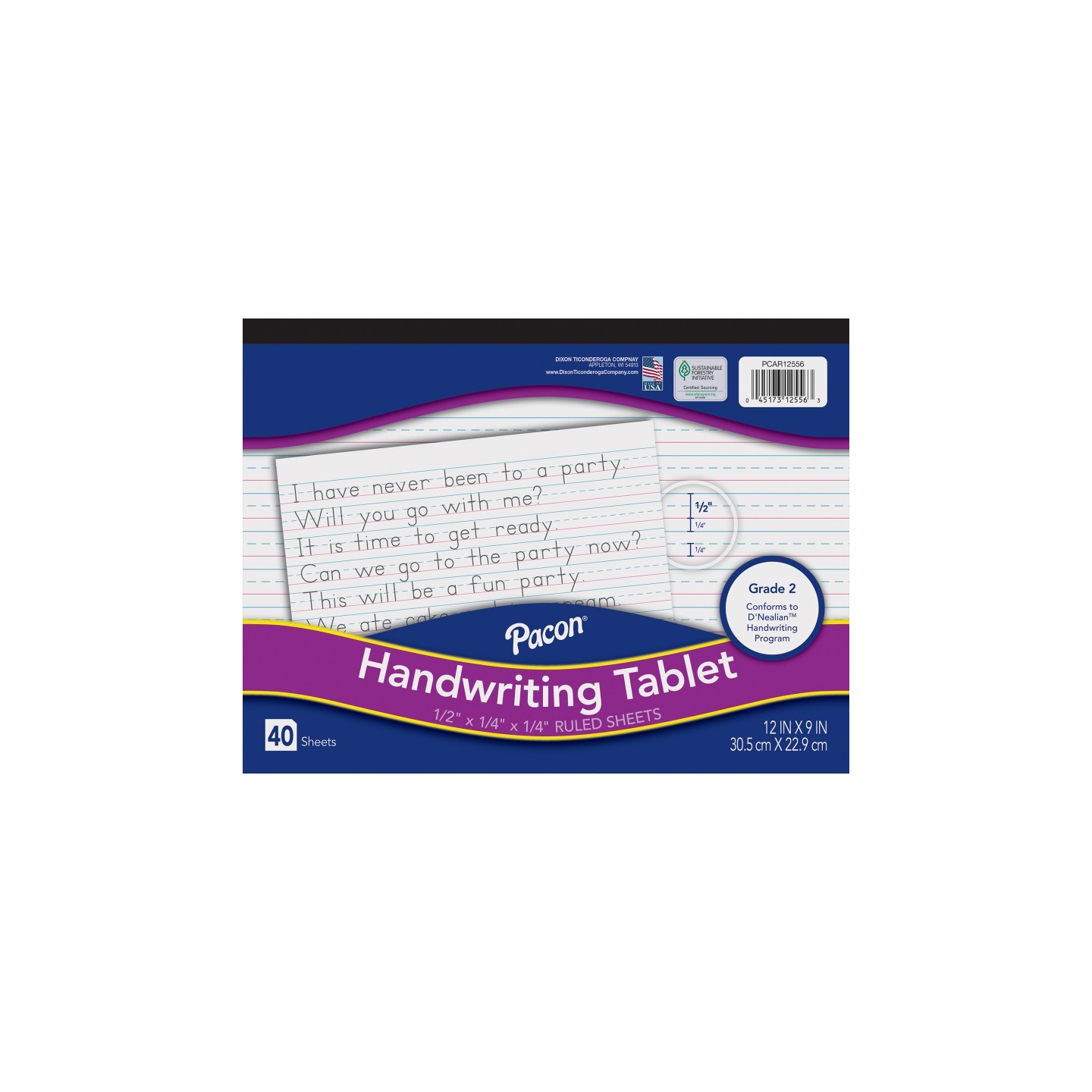 Pacon® Handwriting Tablet, White, 1/2 in x 1/4 in x 1/4 in Ruled Long, 12" x 9", 40 Sheets