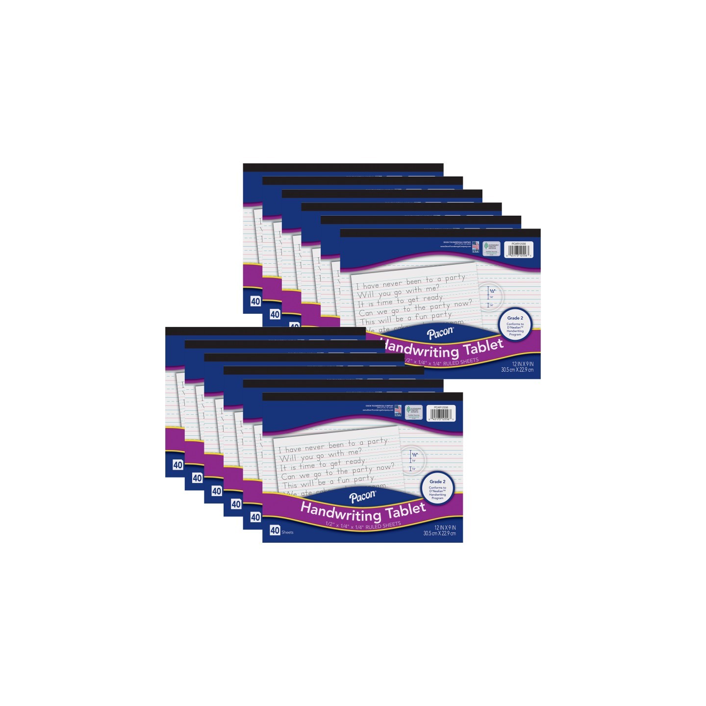Pacon® Handwriting Tablet, White, 1/2 in x 1/4 in x 1/4 in Ruled Long, 12" x 9", 40 Sheets, Pack of 12