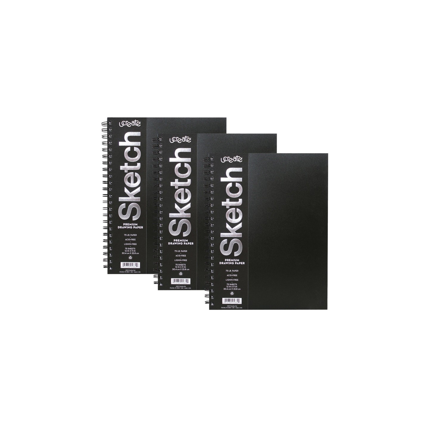 UCreate® Poly Cover Sketch Book, Heavyweight, 12" x 9", 75 Sheets, Pack of 3