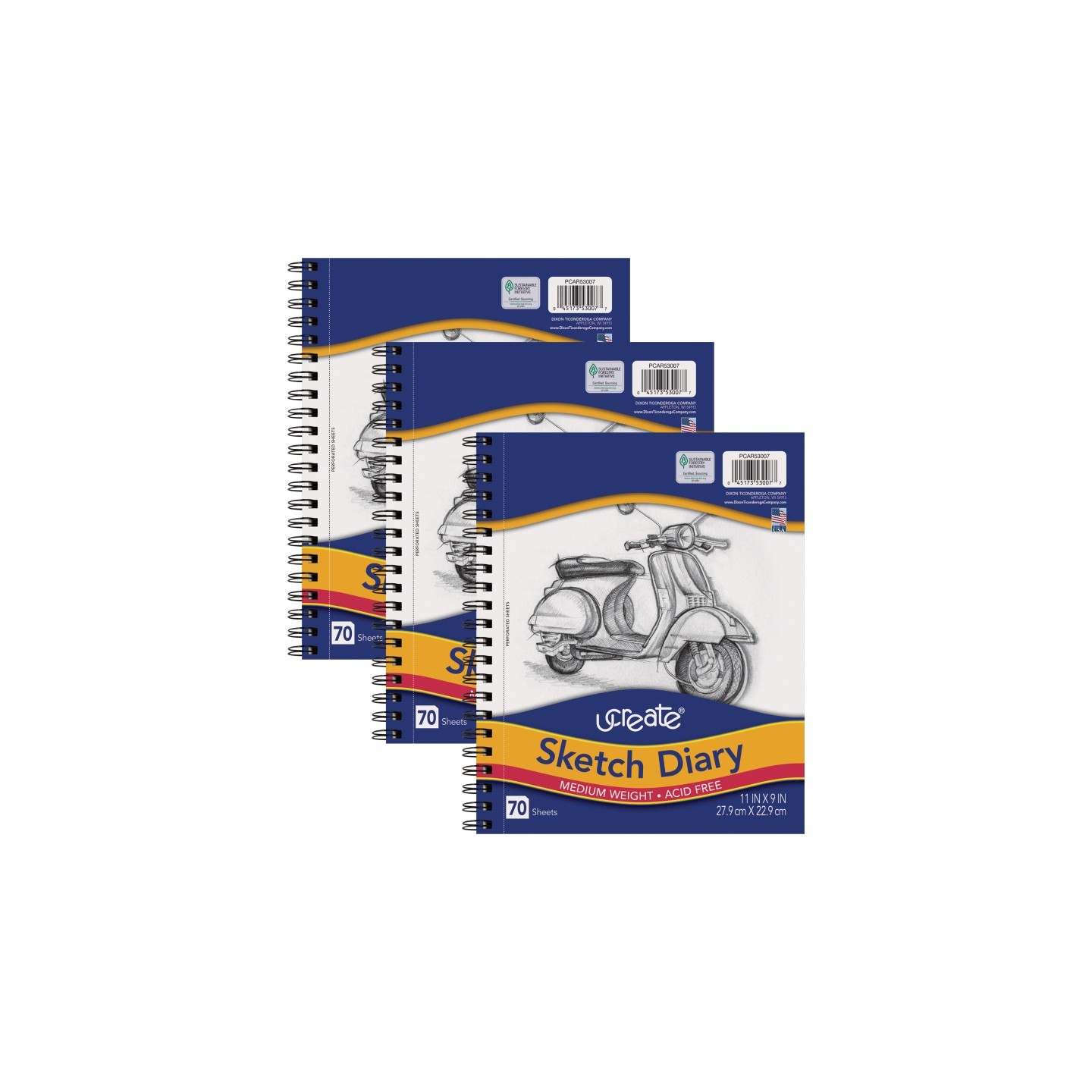 UCreate® Sketch Diary, Medium Weight, 11" x 9", 70 Sheets, Pack of 3