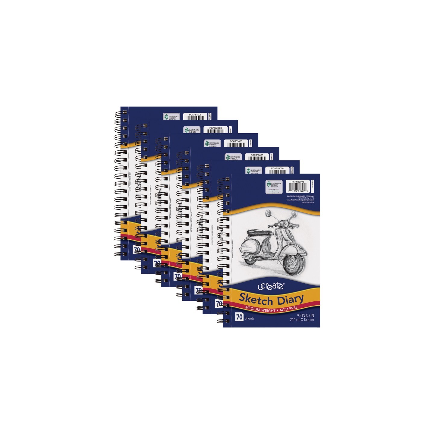 UCreate® Sketch Diary, Medium Weight, 9-1/2" x 6", 70 Sheets, Pack of 6
