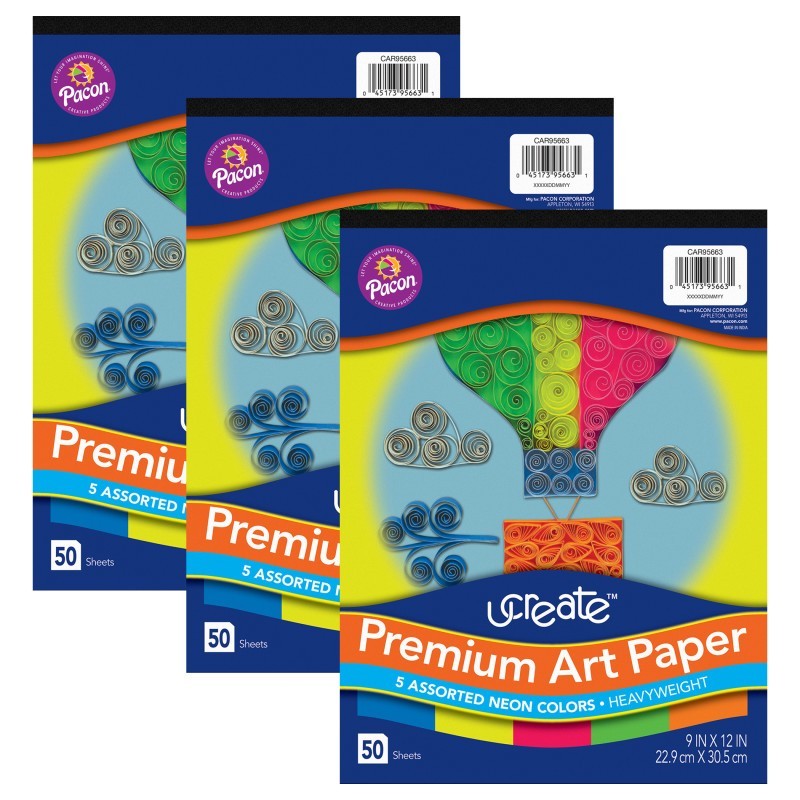 UCreate® Premium Neon Art Paper Pad, 5 Assorted Colors, 9" x 12", 50 Sheets, Pack of 3