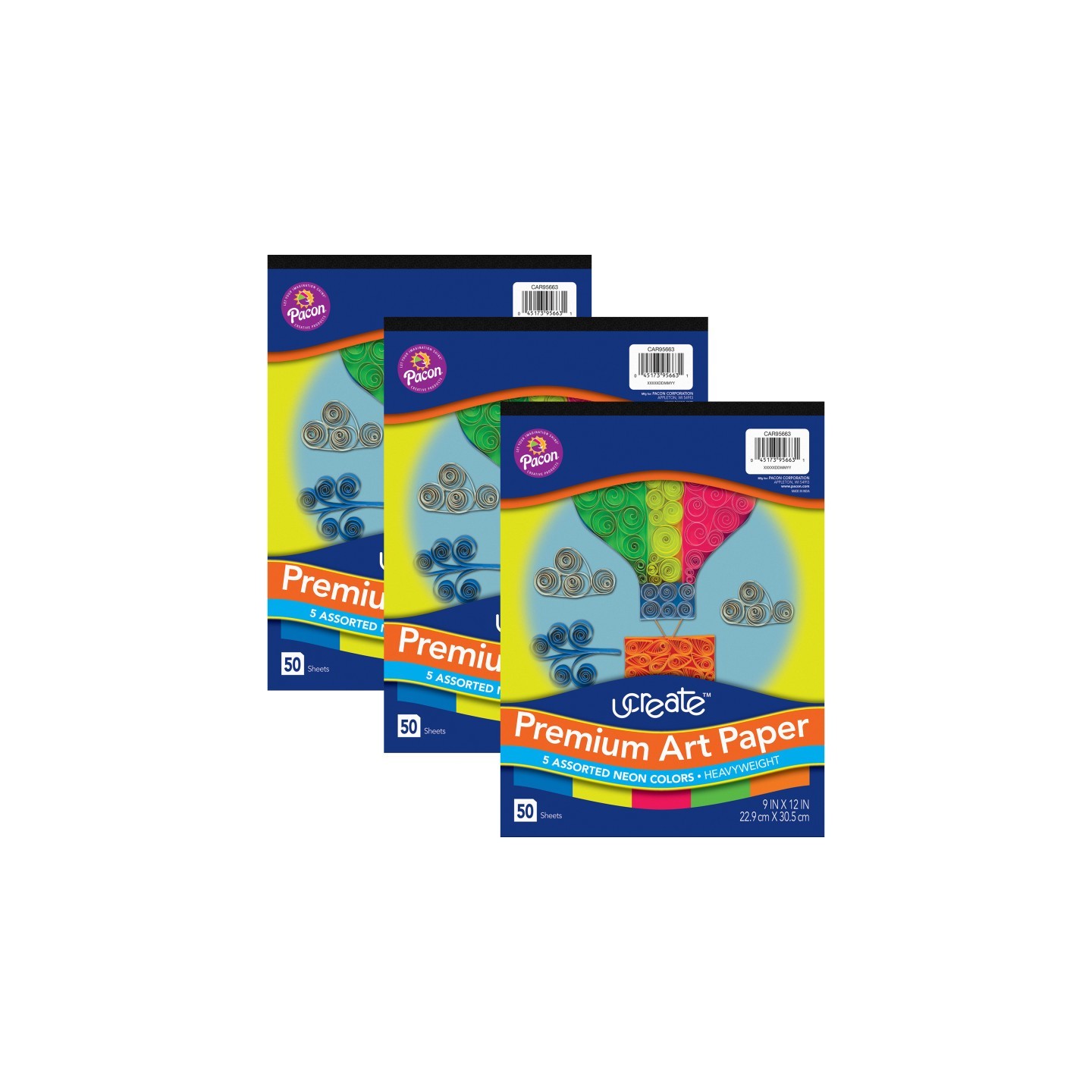 UCreate® Premium Neon Art Paper Pad, 5 Assorted Colors, 9" x 12", 50 Sheets, Pack of 3