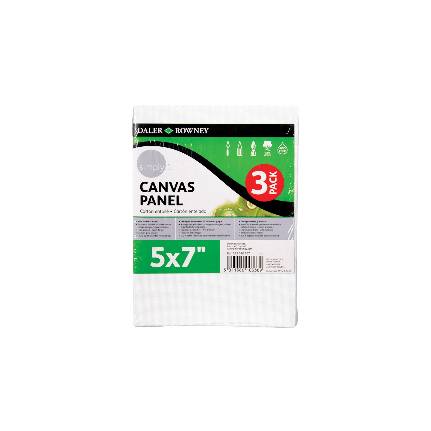 Daler-Rowney Simply White Canvas Panels Set, 5" x 7", 3-Pack