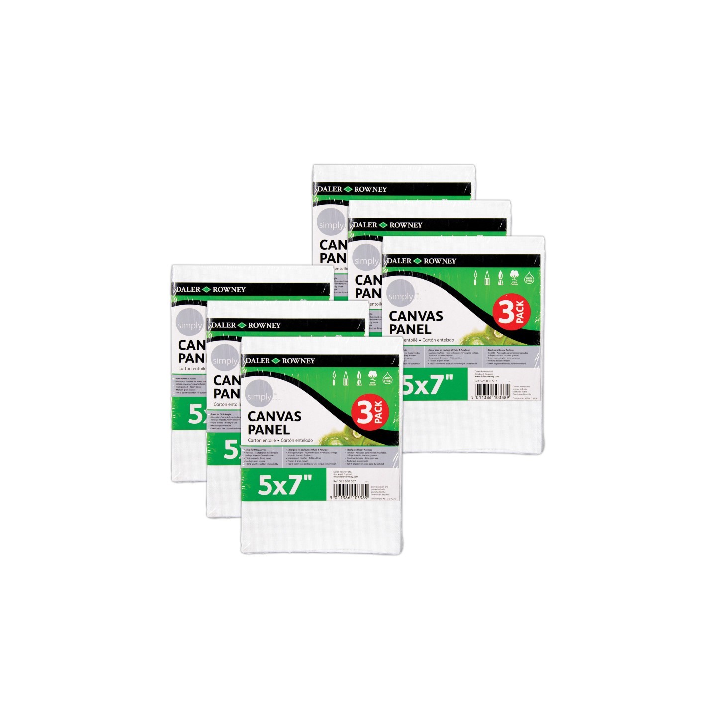 Daler-Rowney Simply White Canvas Panels Set, 5" x 7", 3 Per Pack, 6 Packs