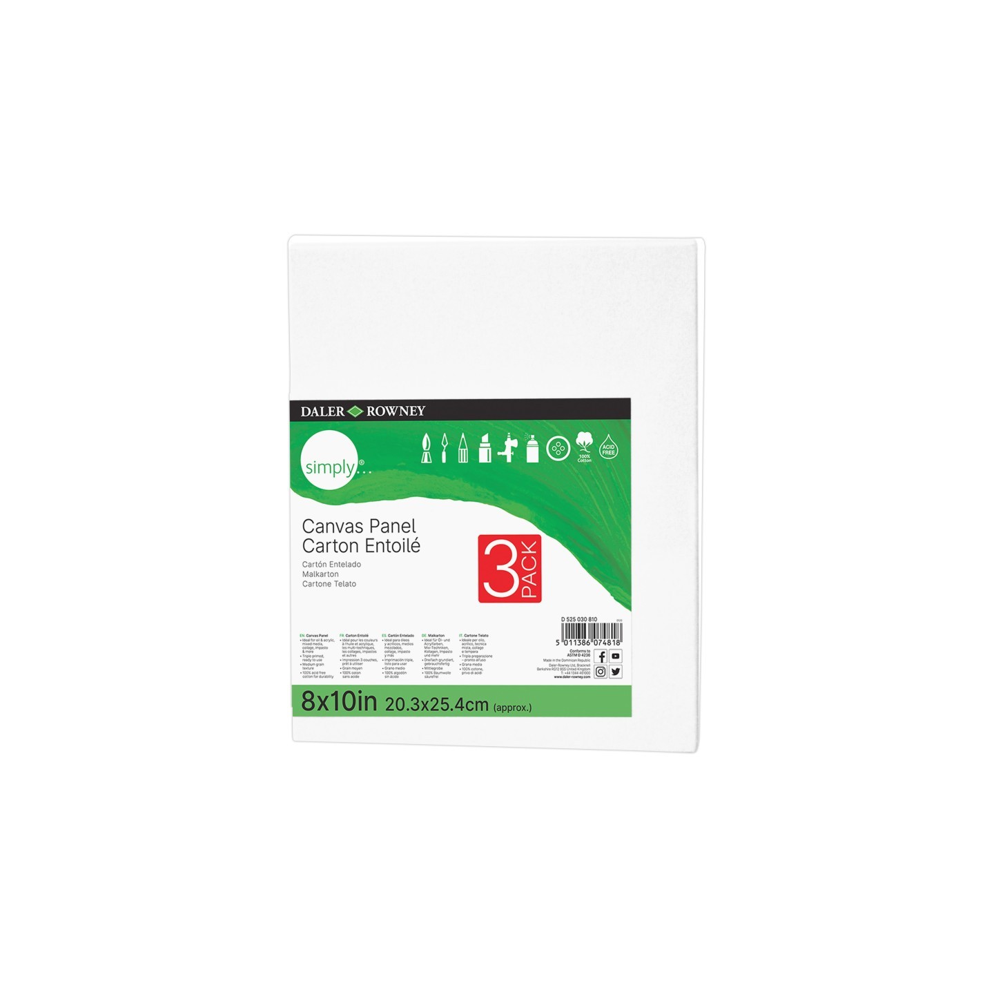 Daler-Rowney Simply White Canvas Panels Set, 8" x 10", 3-Pack