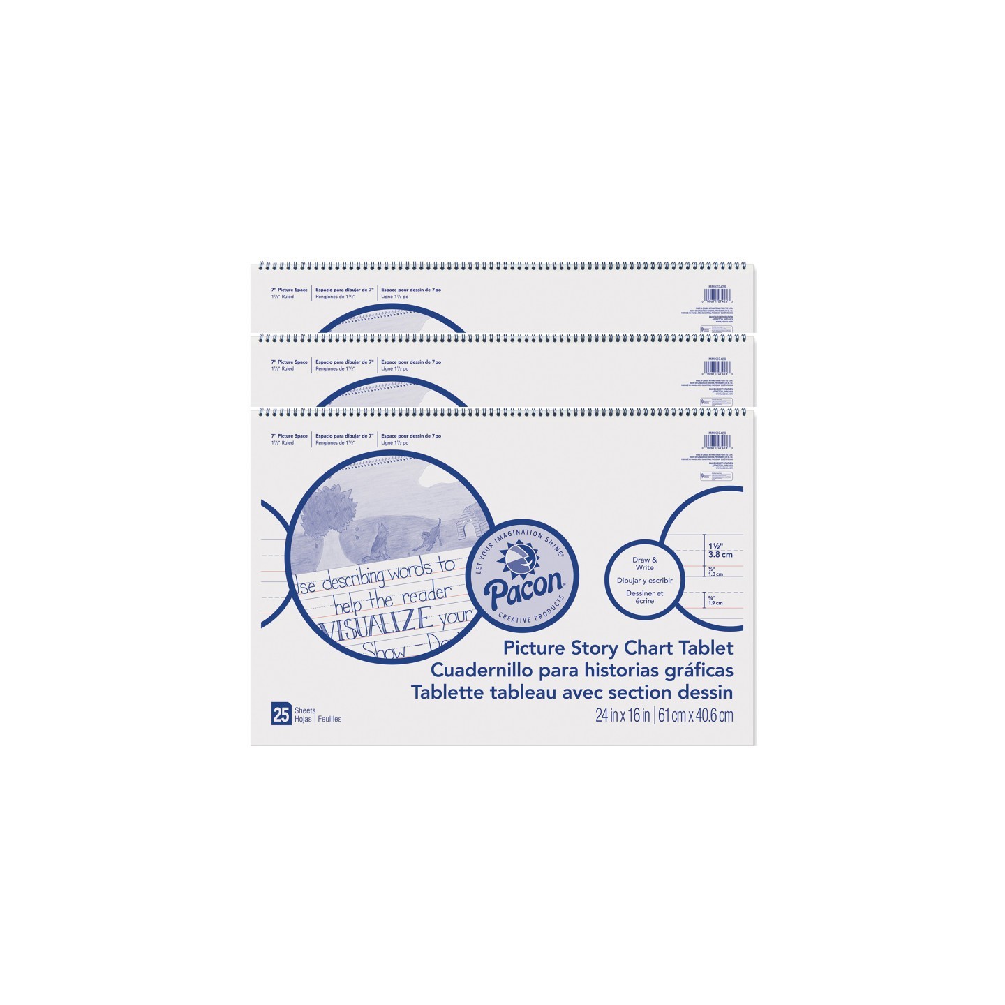 Pacon® Picture Story Chart Tablet, White, Ruled Long, 1-1/2" Ruled, 24" x 16", 25 Sheets, Pack of 3