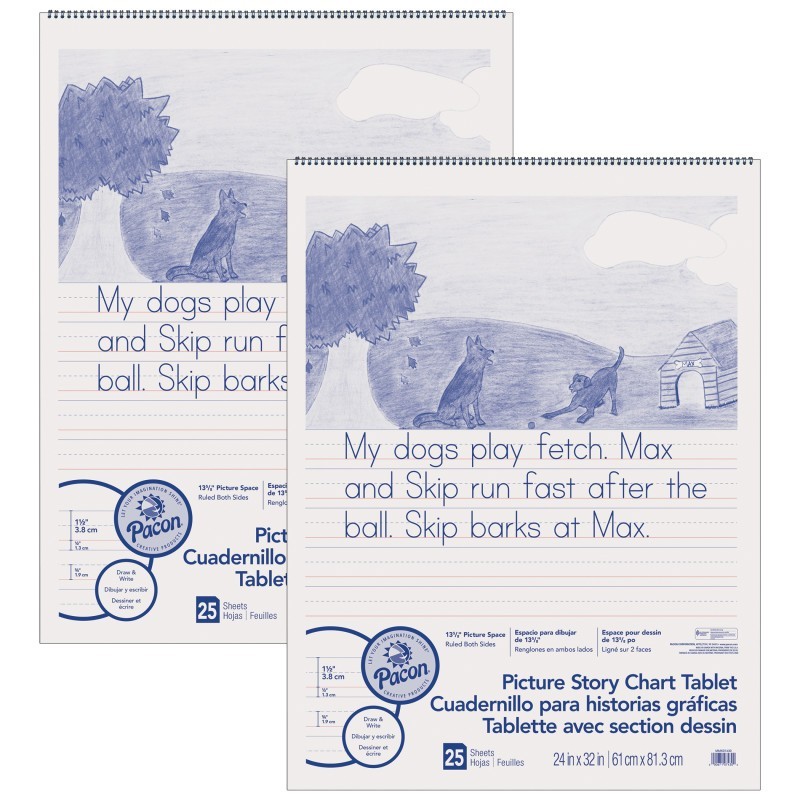 Pacon® Picture Story Chart Tablet, White, Ruled Short, 1-1/2" Ruled, 24" x 32", 25 Sheets, Pack of 2