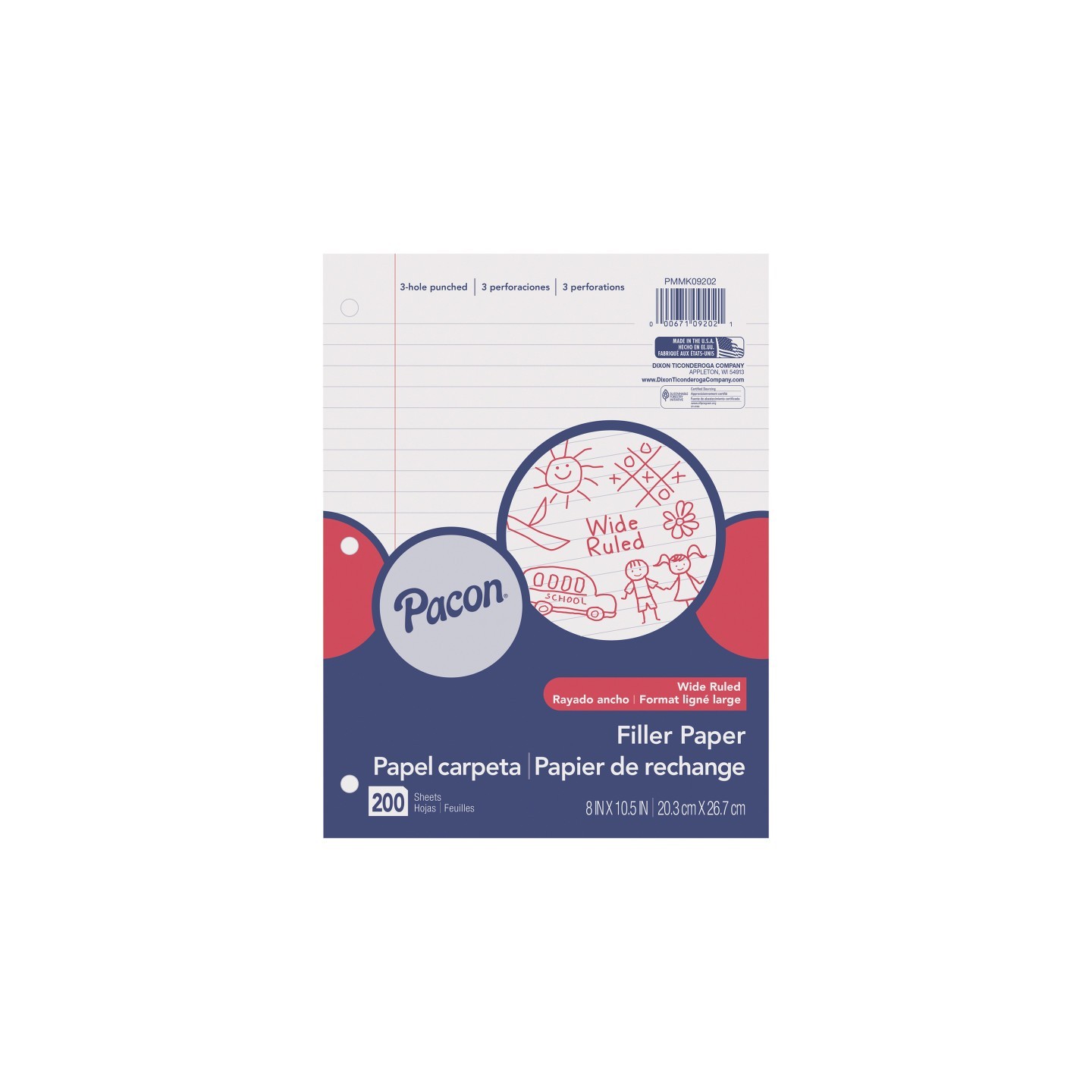Pacon® Filler Paper, White, 3-Hole Punched, Red Margin, 3/8" Ruled, 8" x 10.5", 200 Sheets