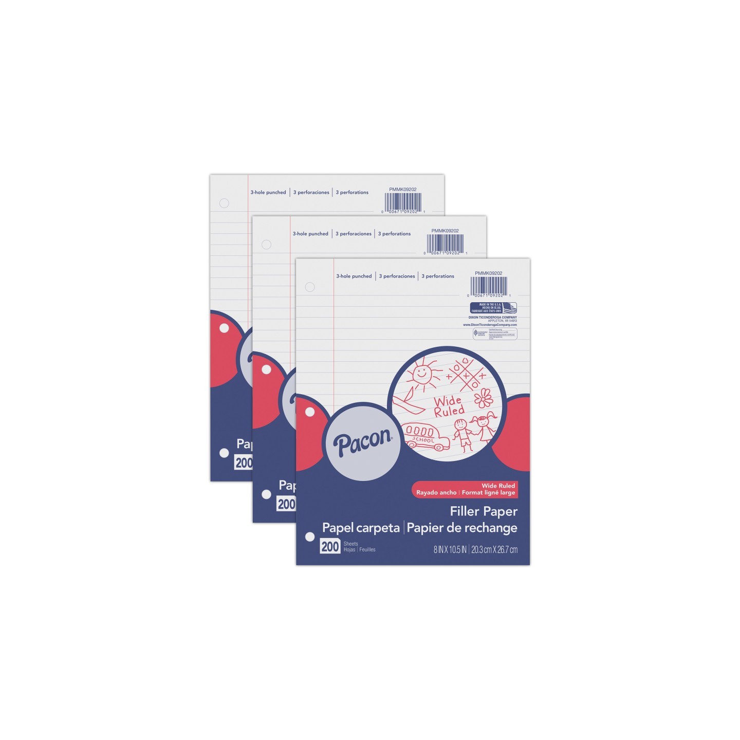 Pacon® Filler Paper, White, 3-Hole Punched, Red Margin, 3/8" Ruled, 8" x 10.5", 200 Sheets Per Pack, 3 Packs