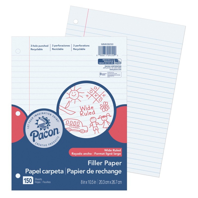 Pacon® Filler Paper, White, 3-Hole Punched, Red Margin, 3/8" Ruled, 8" x 10-1/2", 150 Sheets