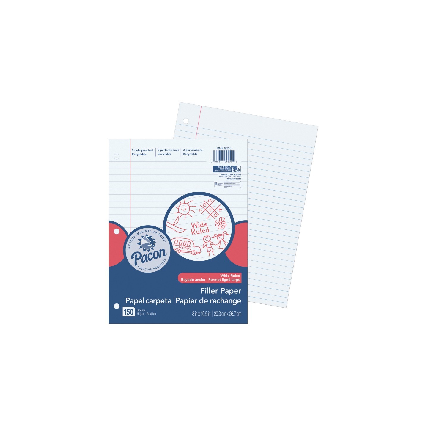 Pacon® Filler Paper, White, 3-Hole Punched, Red Margin, 3/8" Ruled, 8" x 10-1/2", 150 Sheets