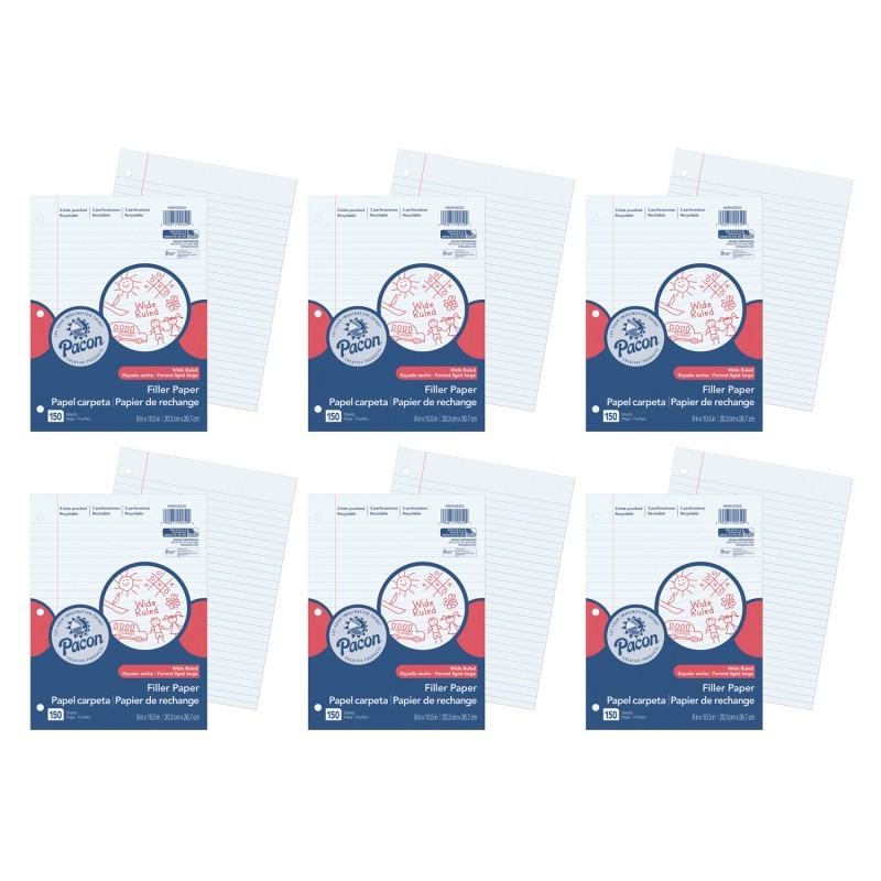Pacon® Filler Paper, White, 3-Hole Punched, Red Margin, 3/8" Ruled, 8" x 10-1/2", 150 Sheets Per Pack, 6 Packs