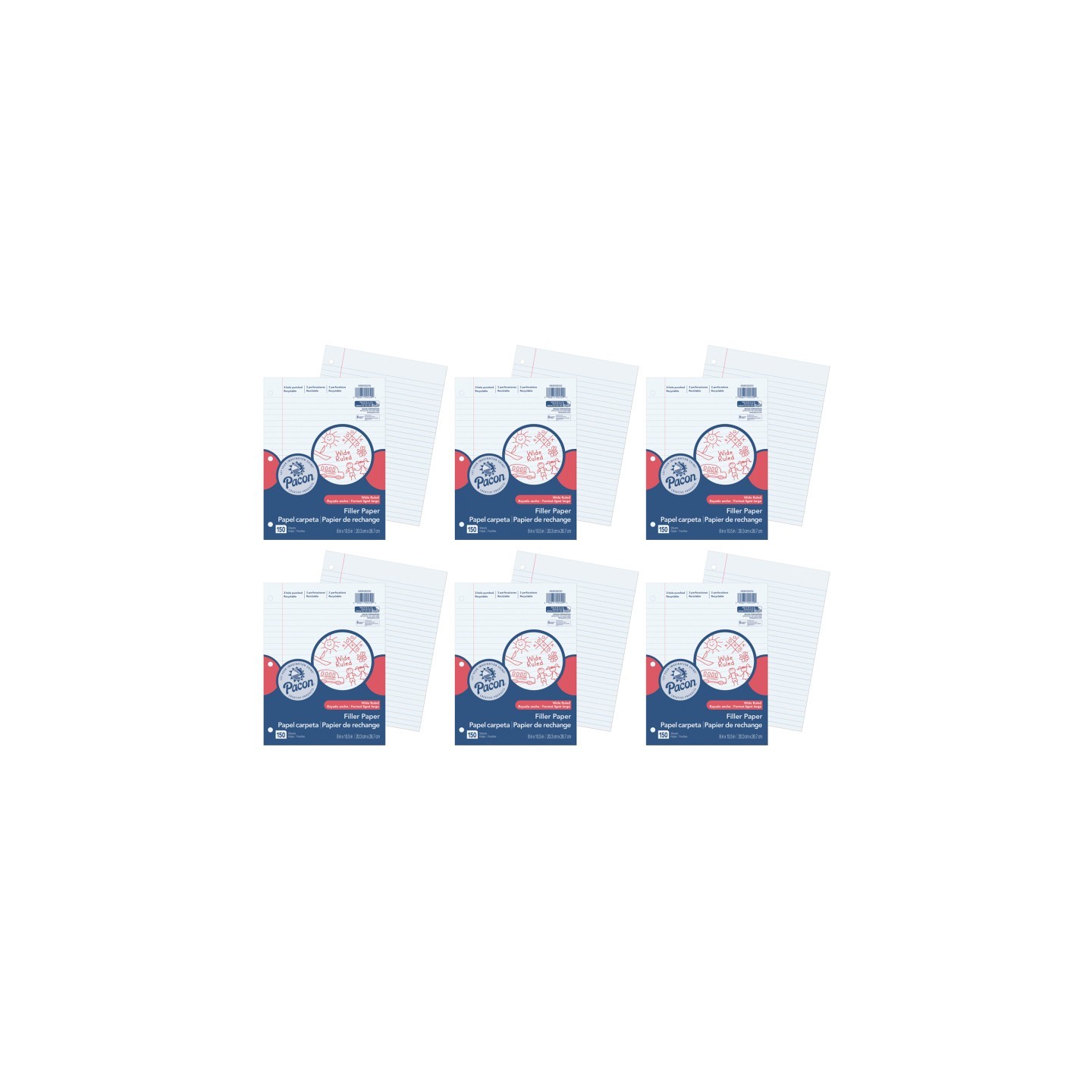 Pacon® Filler Paper, White, 3-Hole Punched, Red Margin, 3/8" Ruled, 8" x 10-1/2", 150 Sheets Per Pack, 6 Packs