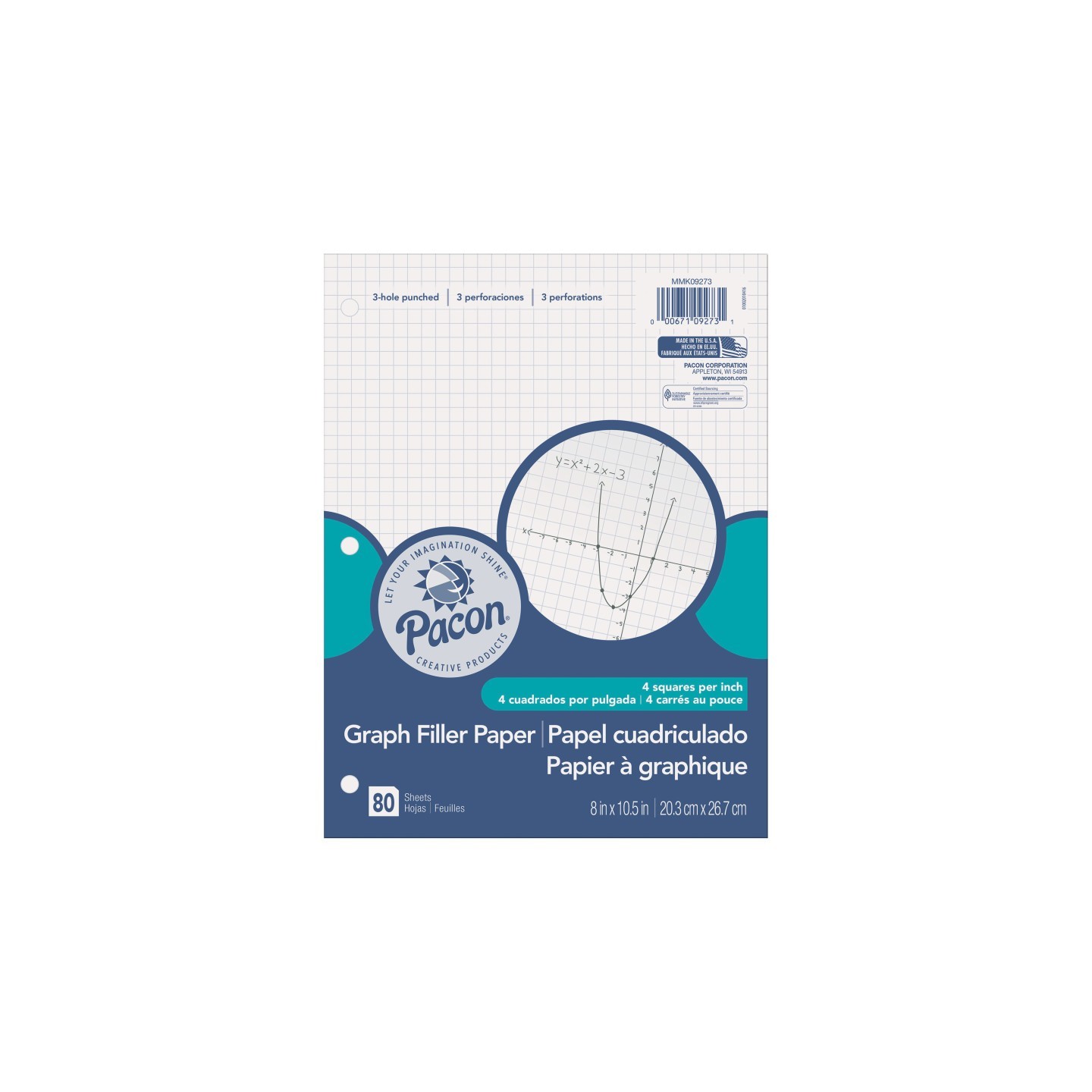 Pacon® Graphing Paper, White, 3-Hole Punched, 1/4" Quadrille Ruled, 8" x 10-1/2", 80 Sheets