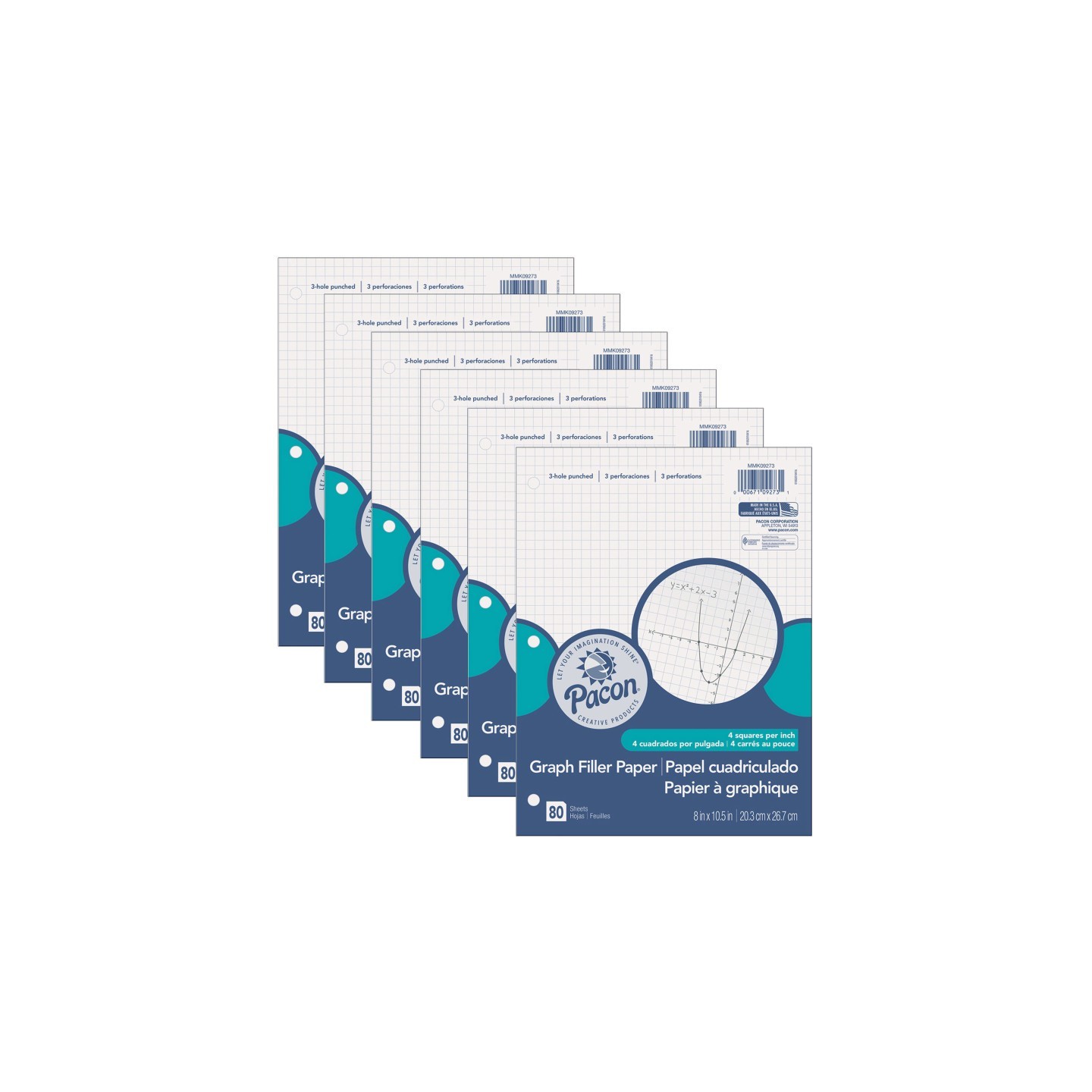 Pacon® Graphing Paper, White, 3-Hole Punched, 1/4" Quadrille Ruled, 8" x 10-1/2", 80 Sheets Per Pack, 6 Packs