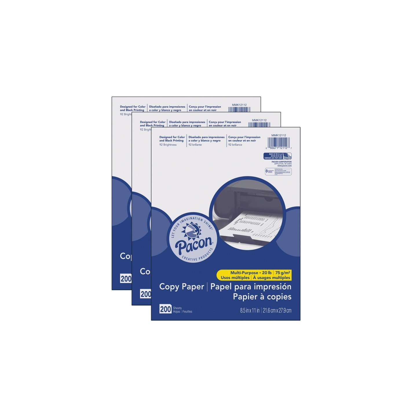 Pacon® Multi-Purpose Paper, White, 20 lb., 8-1/2" x 11", 200 Sheets Per Pack, 3 Packs