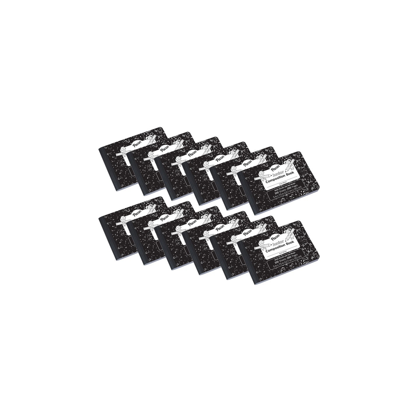 Pacon® Junior Composition Book, Black Marble, 3/8" Ruled 5" x 7-1/2", 100 Sheets, Pack of 12