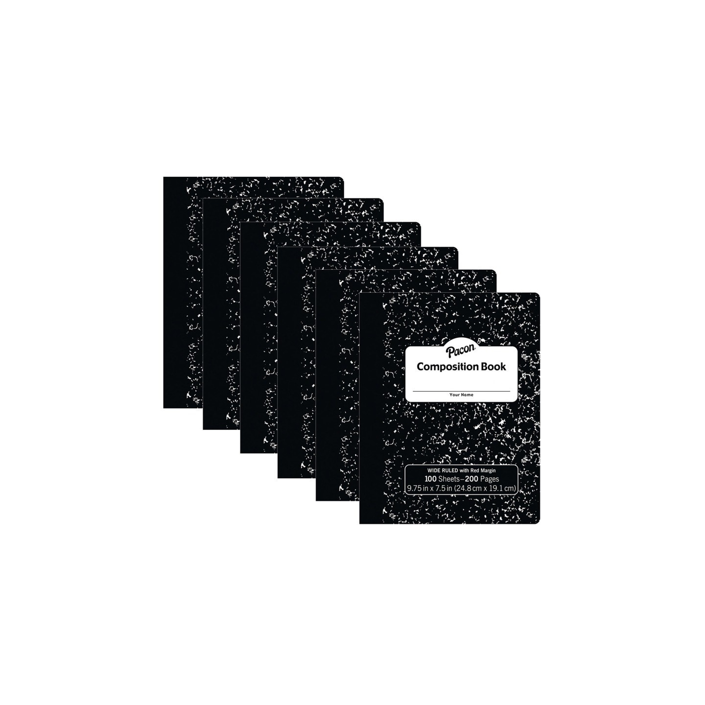 Pacon® Composition Book, Black Marble, 3/8" Ruled w/Margin, 9-3/4" x 7-1/2", 100 Sheets Per Book, Pack of 6