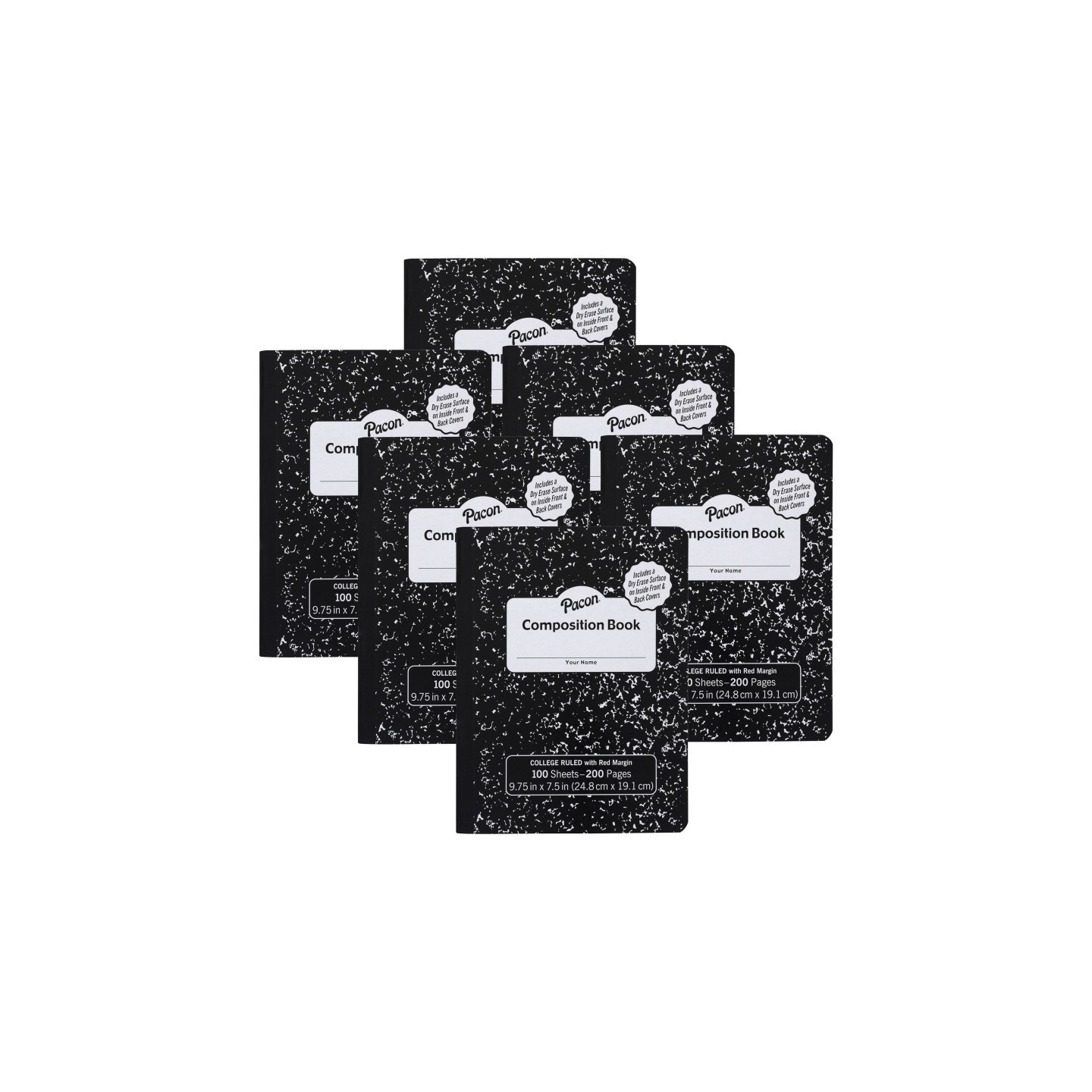 Pacon® Composition Books with Dry Erase Surfaces, Black Marble, 3/8" Ruled w/Margin , 100 Sheets/200 Pages, Pack of 6