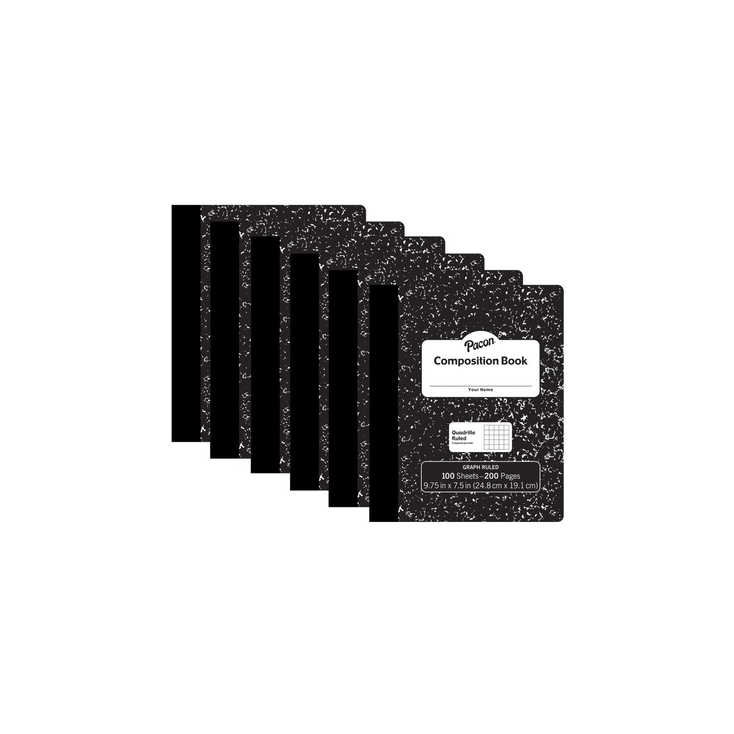 Pacon® Composition Book, Black Marble, 1/5" Quadrille Ruled, 9-3/4" x 7-1/2", 100 Sheets, Pack of 6