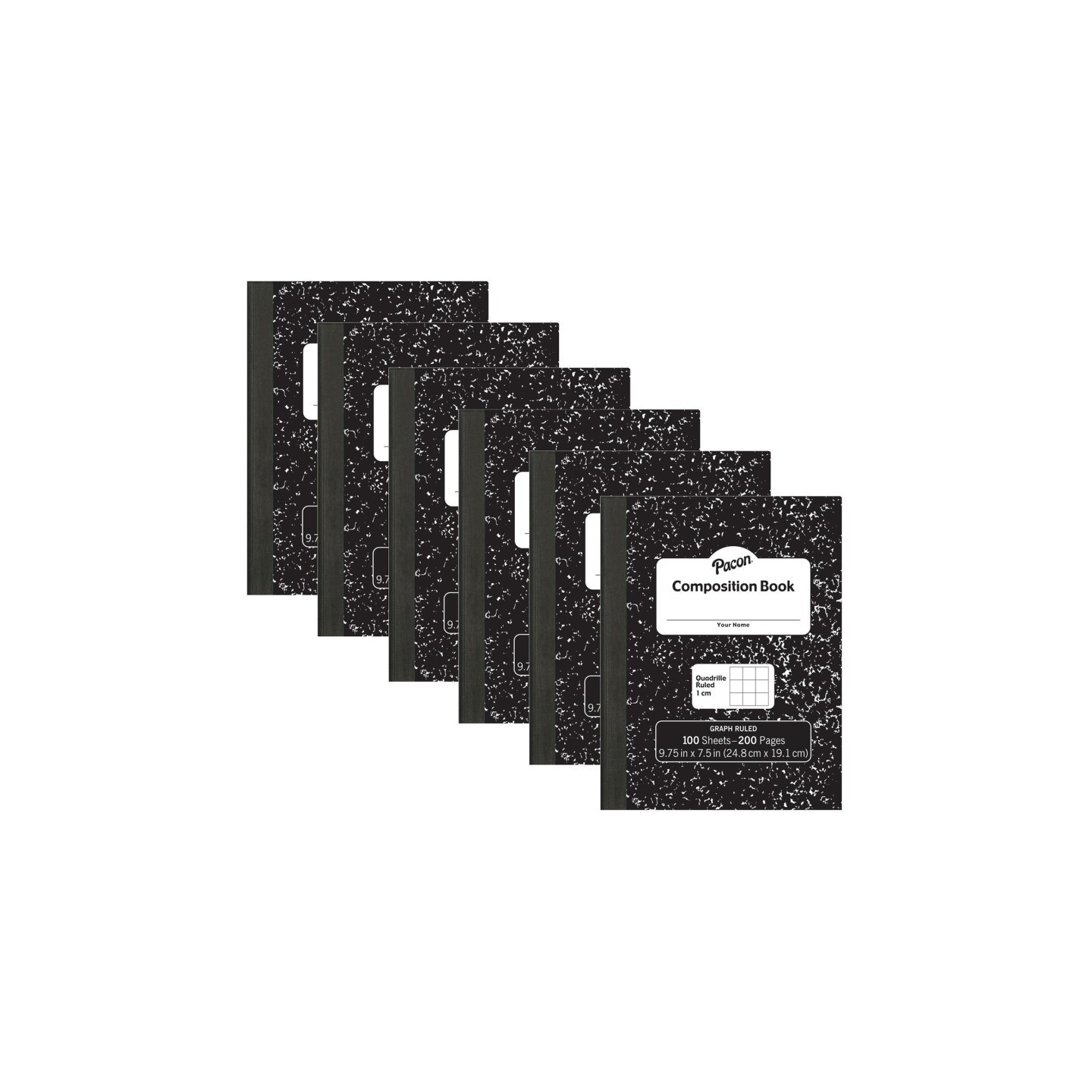 Pacon® Composition Book, Black Marble, 1 cm Quadrille Ruled 9-3/4" x 7-1/2", 100 Sheets, Pack of 6