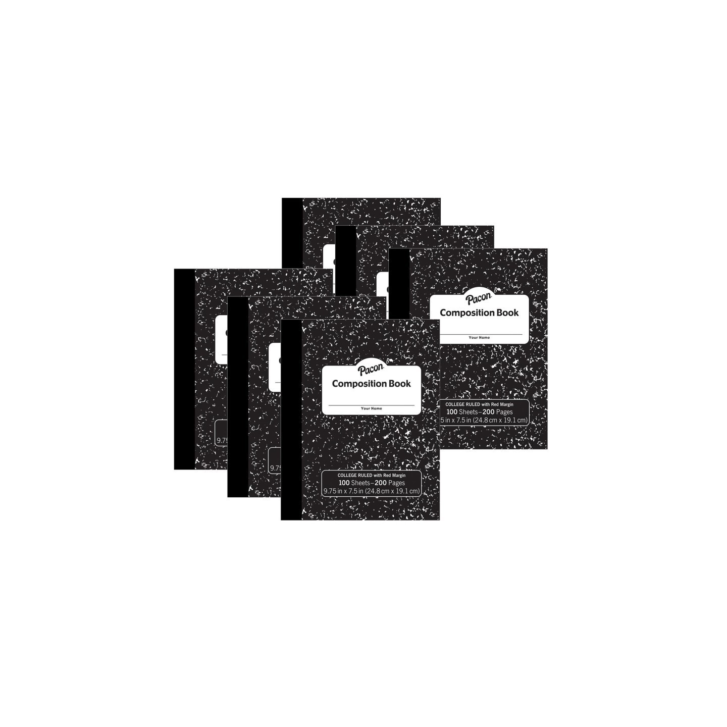 Pacon® Composition Book, Black Marble, 9/32" Ruled w/ Margin, 9-3/4" x 7-1/2", 100 Sheets, Pack of 6