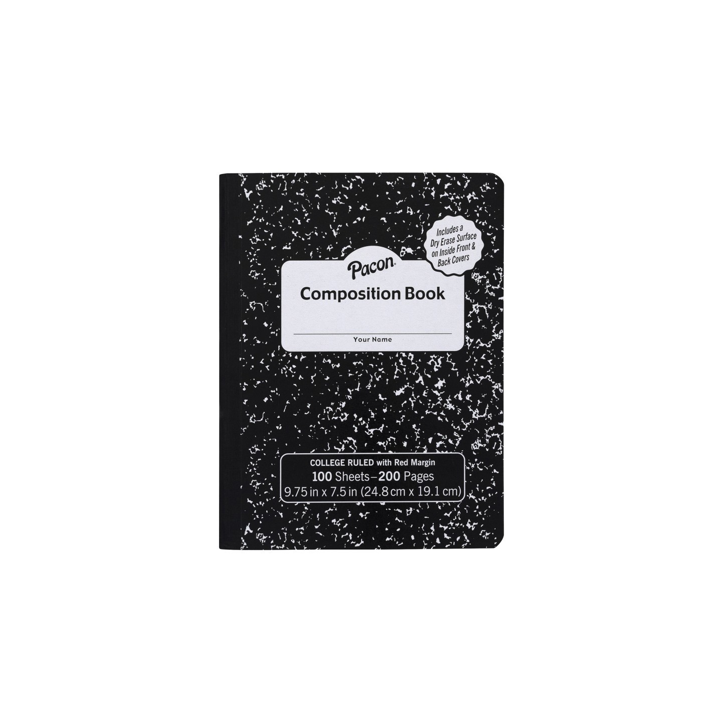 Pacon® Composition Book, Black Marble, 9/32 in ruling with red margin 9-3/4" x 7-1/2", 100 Sheets