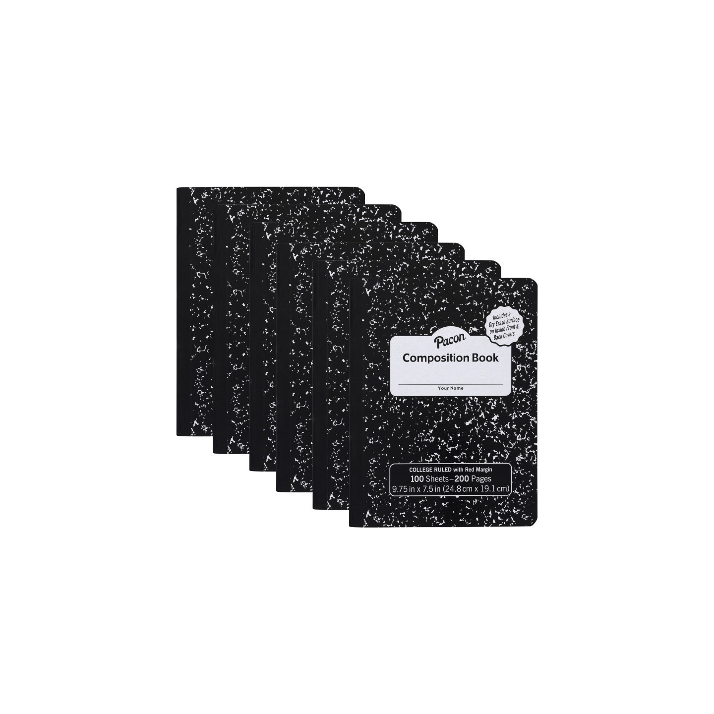 Pacon® Composition Book, Black Marble, 9/32 in ruling with red margin 9-3/4" x 7-1/2", 100 Sheets, Pack of 6